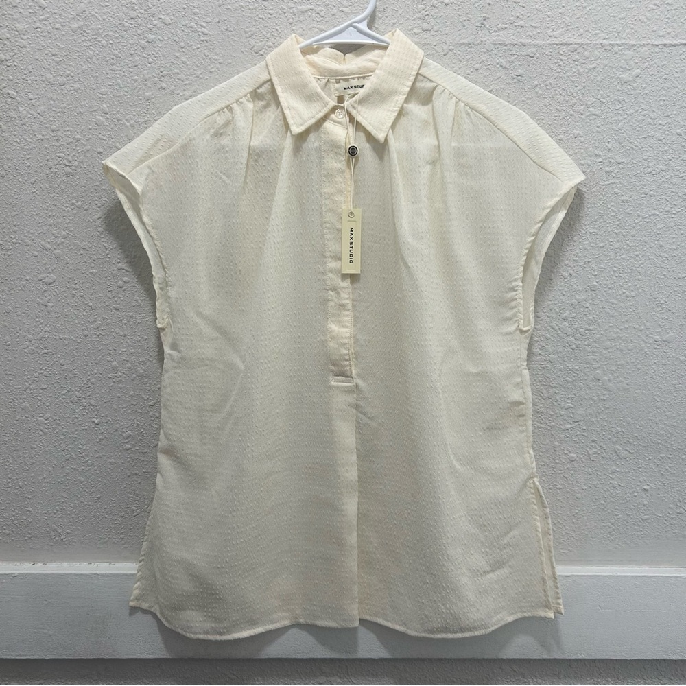 Max Studio Ivory Collared Split Neck Textured Cap Sleeve Blouse NWT Small